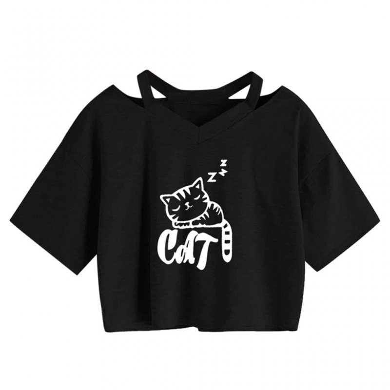 Explosive cat print V-neck short T-shirt